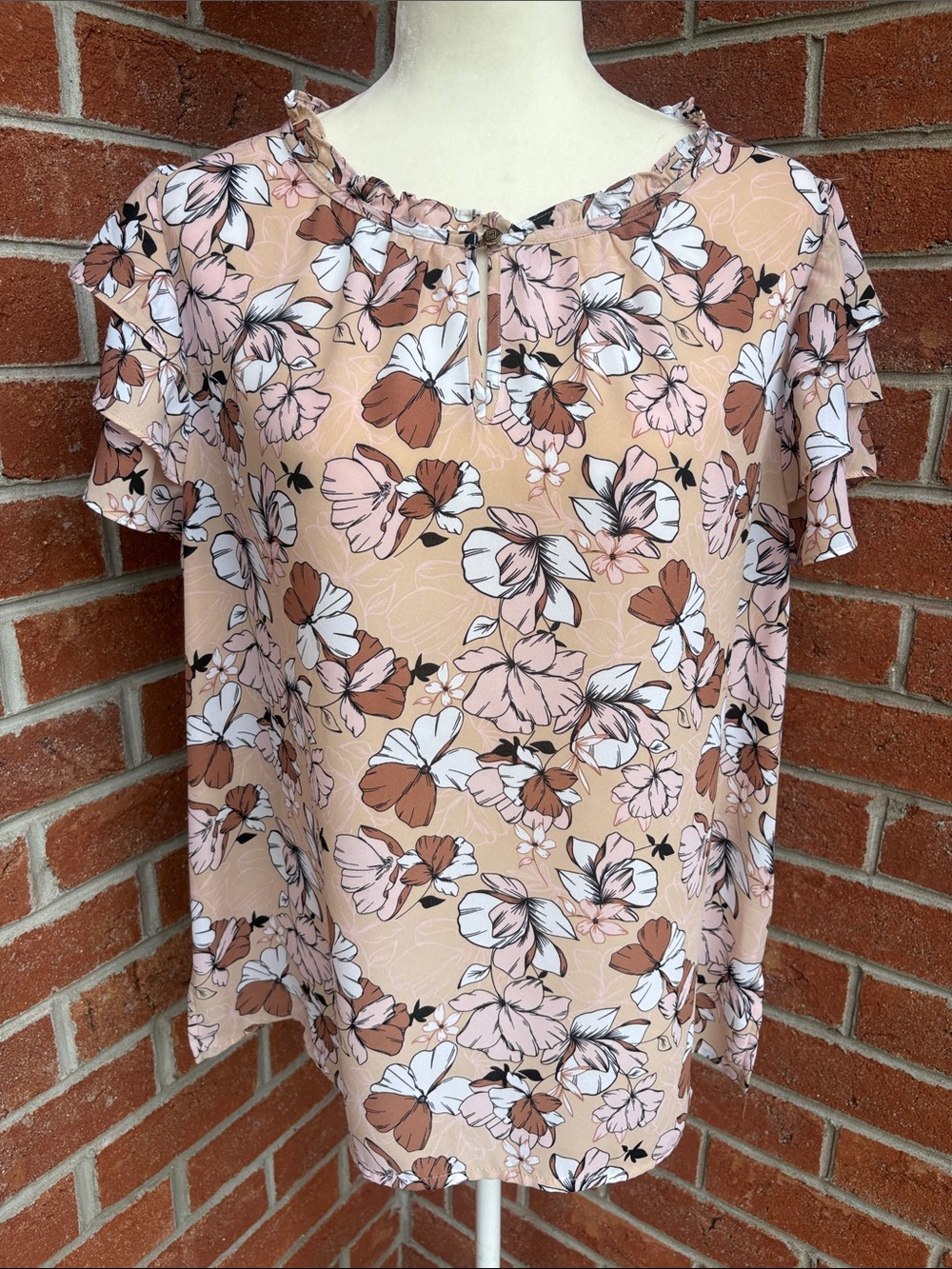 Liz Claiborne Women’s Short Sleeve Ruffle Floral Blouse Shirt Top Large L